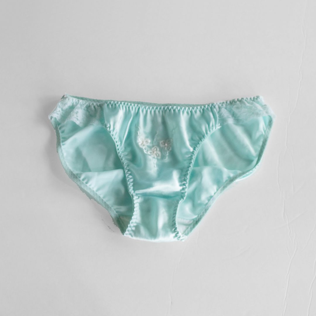 Vtg Aqua Wet Look Satin Floral Embroidered Lace String Bikini Panties Sz M Ebay