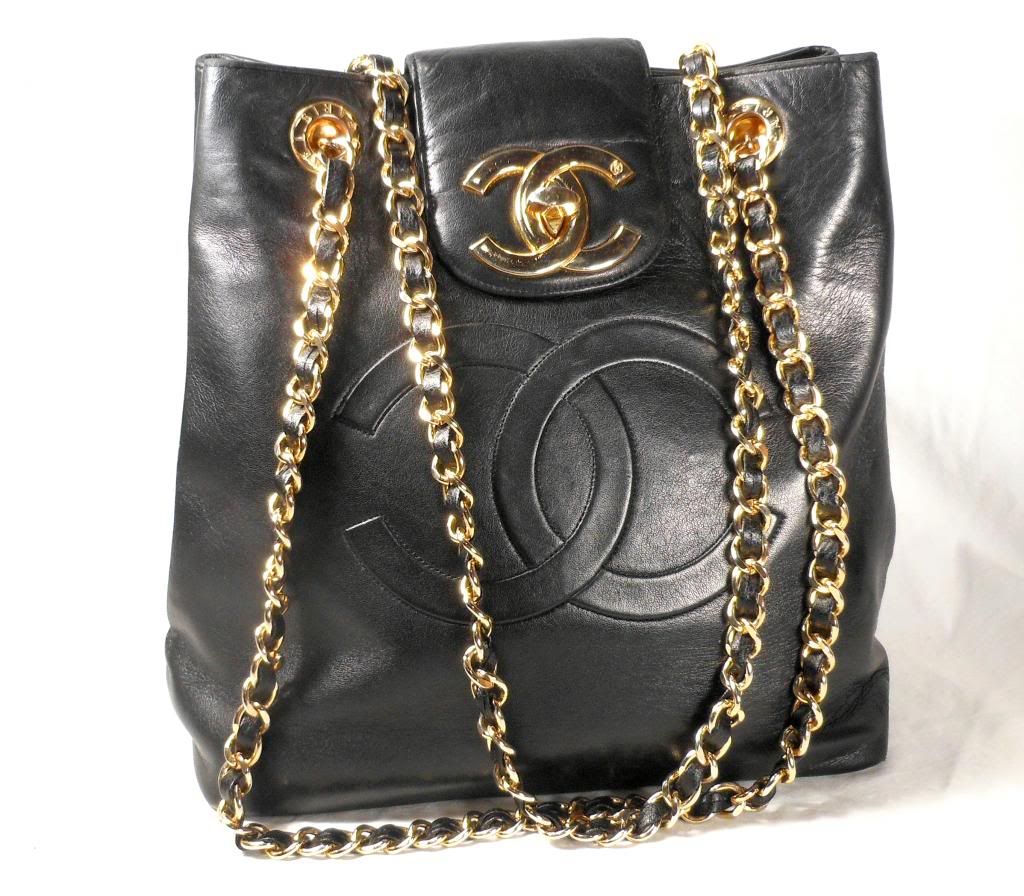 VINTAGE CHANEL TOTE BAG BLACK LEATHER CC LOGO DOUBLE CHAIN 1970&#39;S 1980S AUTH US | eBay
