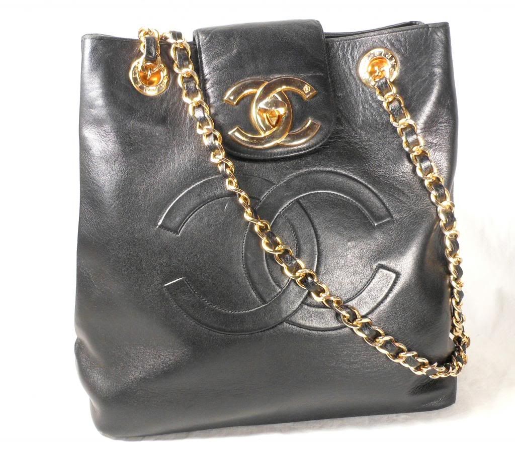 VINTAGE CHANEL TOTE BAG BLACK LEATHER CC LOGO DOUBLE CHAIN 1970&#39;S 1980S AUTH US | eBay