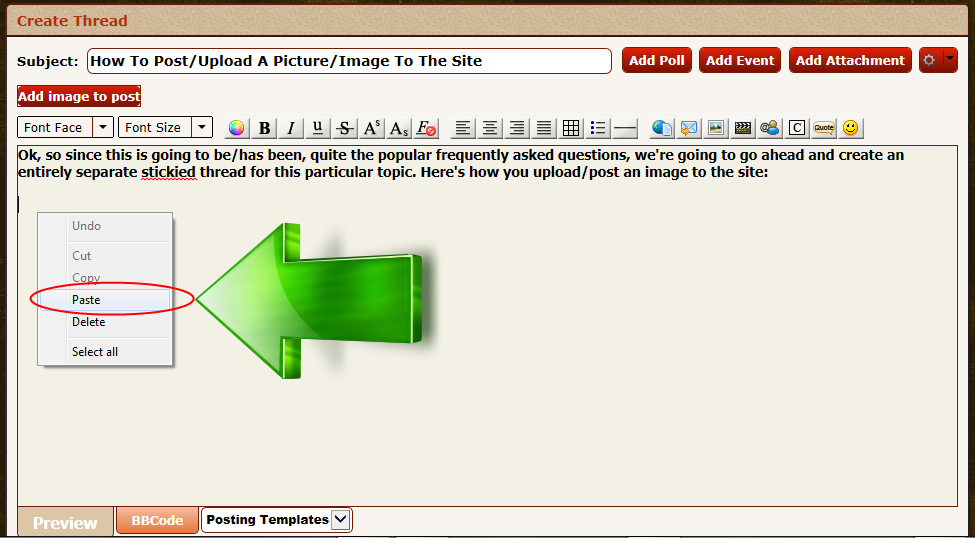 Right Click in the message box and select "Paste"
