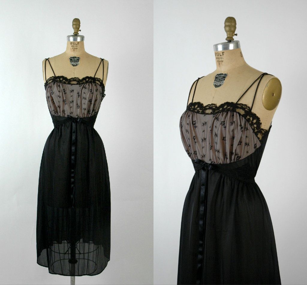 Vintage 1950s Black Lace Nightgown, Dalena Vintage