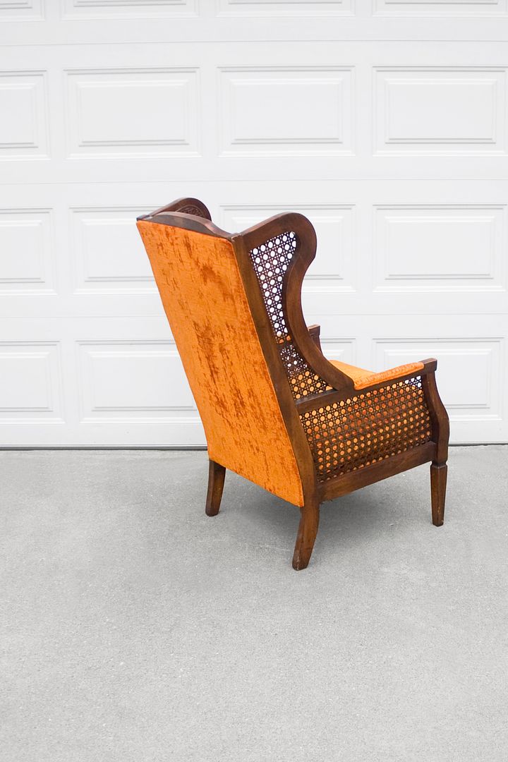 Vtg Hollywood Regency Orange Velvet Tufted Wing Back Caned Arm Chair Mid Century